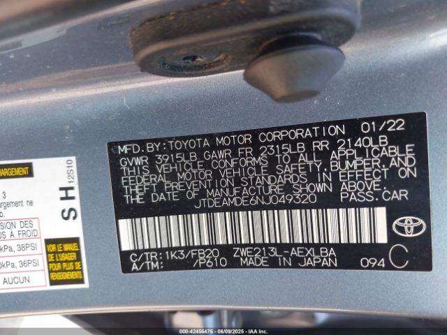 2022 TOYOTA COROLLA JTDEAMDE6NJ049320 Photo 8
