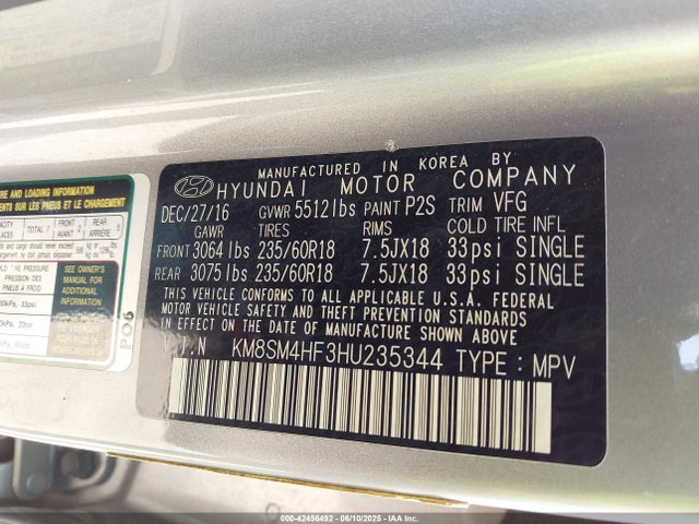 KM8SM4HF3HU235344 Hyundai gdi lambda ii