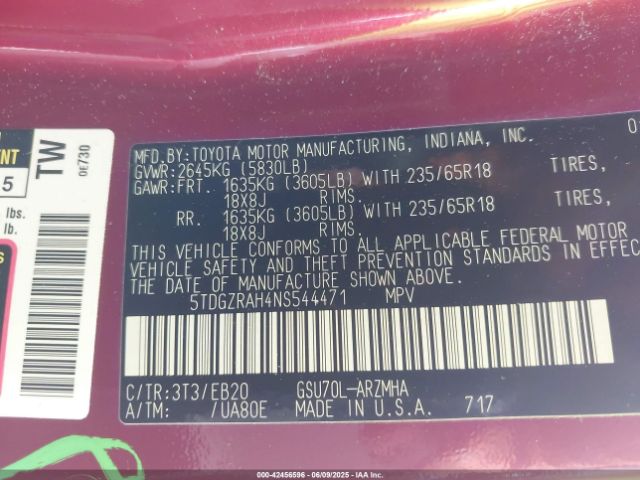 5TDGZRAH4NS544471 Toyota Highlander Xle