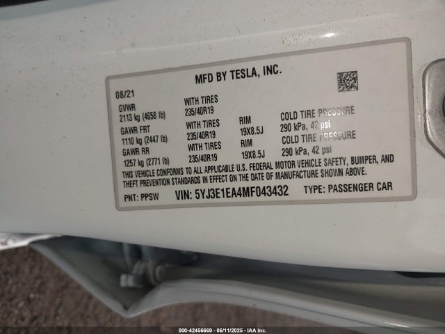 2021 TESLA MODEL 3 5YJ3E1EA4MF043432 Photo 8