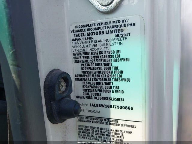 Продажа на аукционе авто 2018 Isuzu Nqr, vin: JALE5W165J7900865, номер лота: 42457081