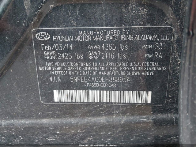 Продаж на аукціоні авто 2014 Hyundai Sonata Gls, vin: 5NPEB4AC0EH888954, номер лоту: 42457195