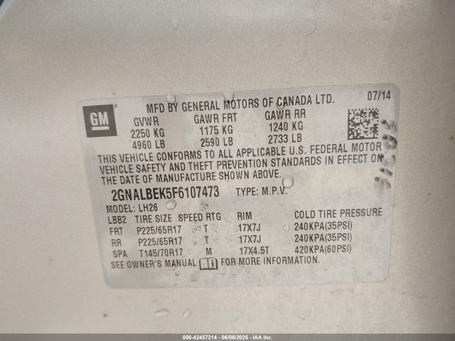 2GNALBEK5F6107473 Chevrolet lea - flex fuel (gas/alc), aluminum, ho,