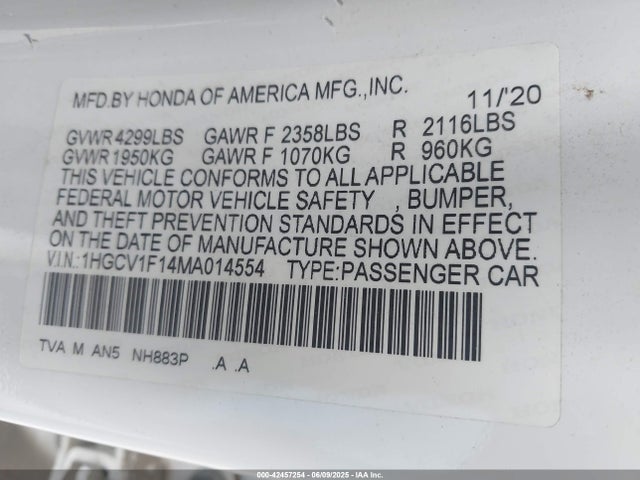 1HGCV1F14MA014554 Honda l15be