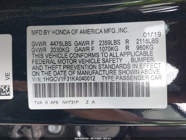 1HGCV1F31KA040012 Honda l15be