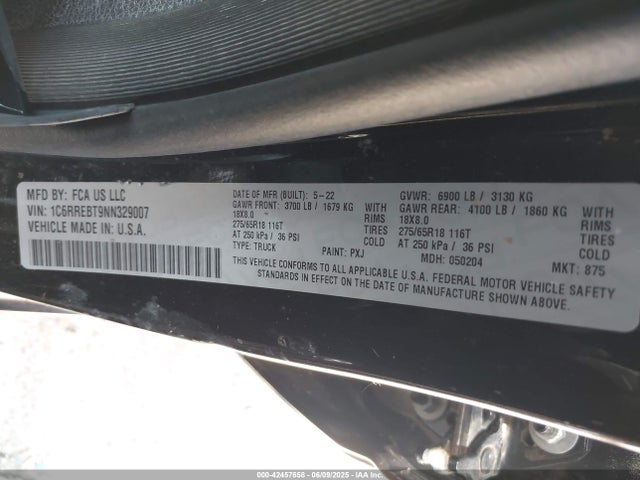 1C6RREBT9NN329007 RAM 1500 Big Horn Quad Cab 4x2 6'4 Box