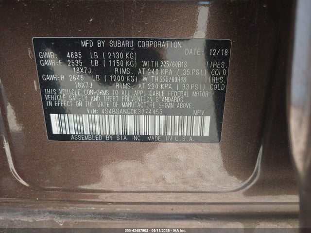 Aukcja sprzedaży 2019 Subaru Outback 2.5i Limited, vin: 4S4BSANC0K3274453, numer aukcji: 42457903