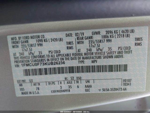 2019 FORD ESCAPE 1FMCU0F73KUB26236 Photo 8