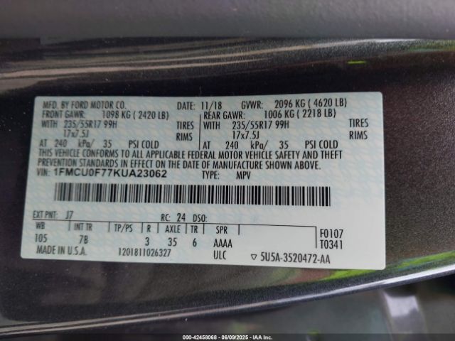 2019 FORD ESCAPE 1FMCU0F77KUA23062 Photo 8