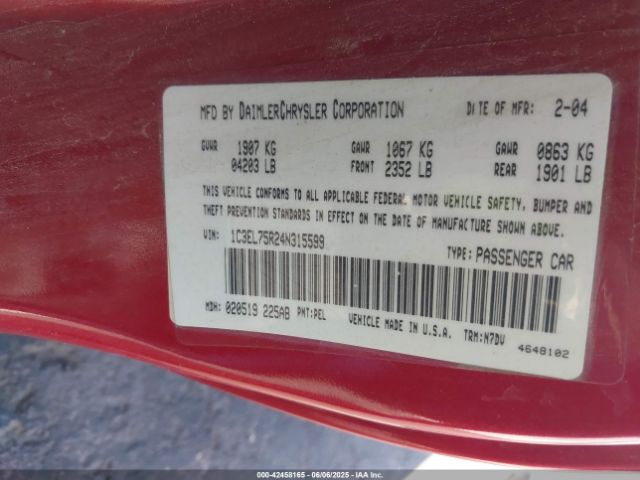 2004 CHRYSLER SEBRING 1C3EL75R24N315599 Photo 8