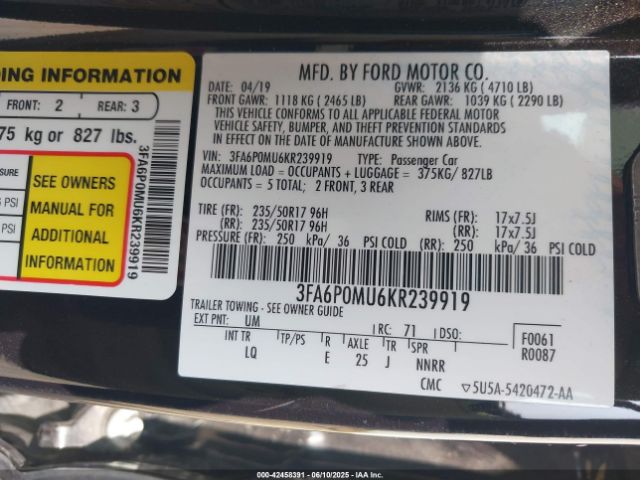 2019 FORD FUSION HYBRID 3FA6P0MU6KR239919 Photo 8
