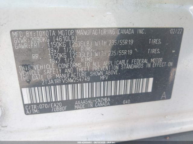2T3A1RFV5NW254749 Toyota a25a-fks