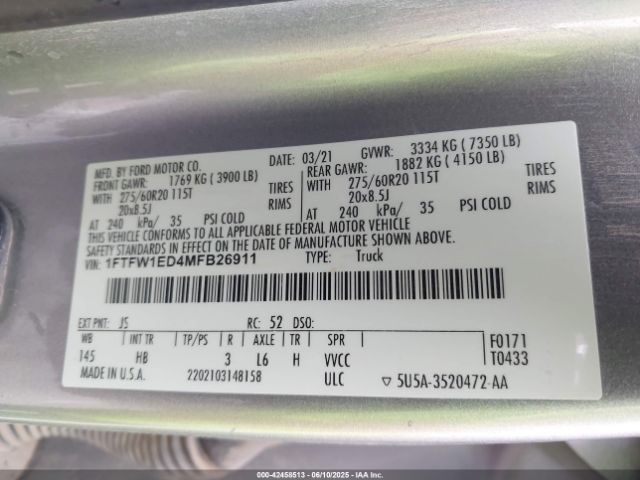 1FTFW1ED4MFB26911 Ford hev