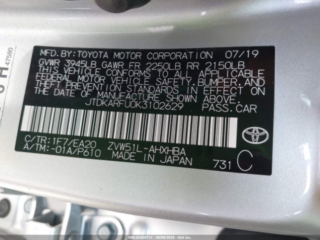 JTDKARFU0K3102629 Toyota 2zr-fxe,1nm+1mm
