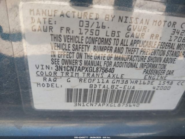 3N1CN7APXGL875640 Nissan Versa 1.6 S/1.6 S+/1.6 Sl/1.6 Sv
