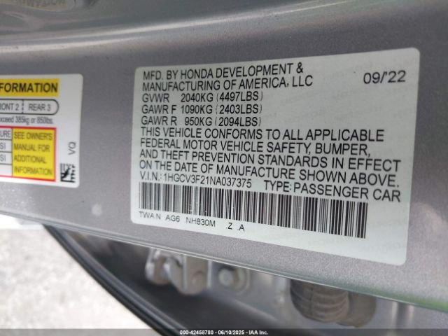 2022 HONDA ACCORD 1HGCV3F21NA037375 Photo 8