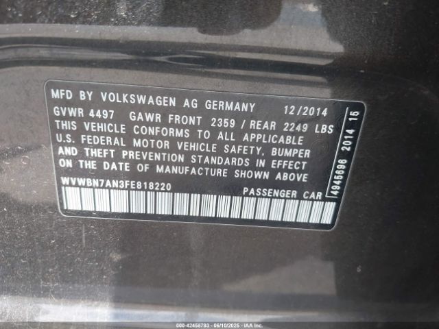 2015 VOLKSWAGEN CC WVWBN7AN3FE818220 Photo 8