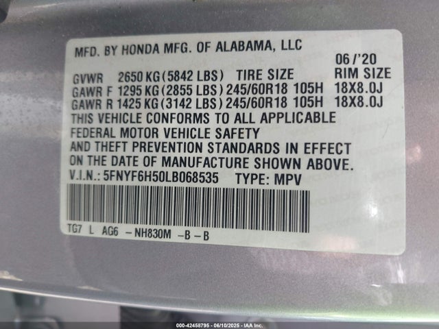 Honda j35y6 2020 5FNYF6H50LB068535 Image 9