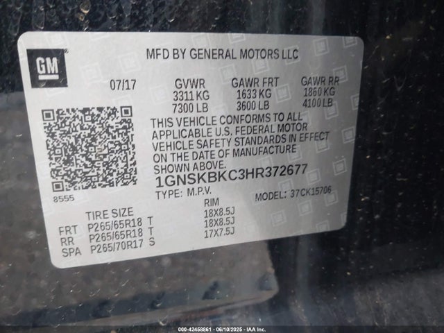 1GNSKBKC3HR372677 Chevrolet l83 - sidi: spark ignited direct injection, vvt: variable valve timing, afm, e85 max, alum