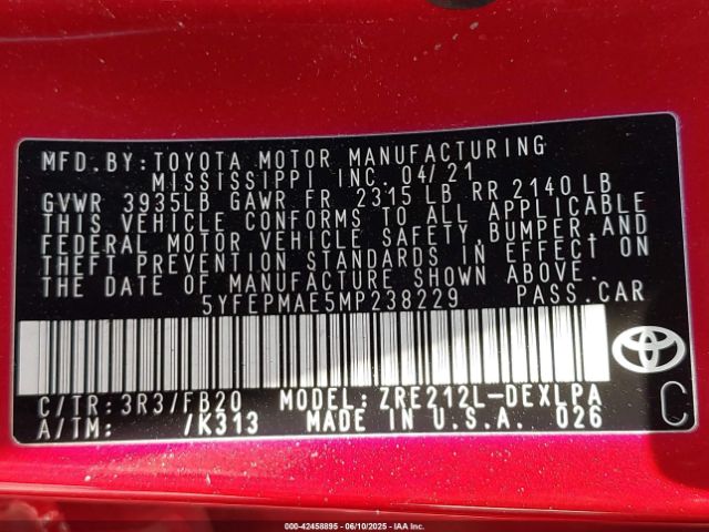 2021 TOYOTA COROLLA 5YFEPMAE5MP238229 Photo 8