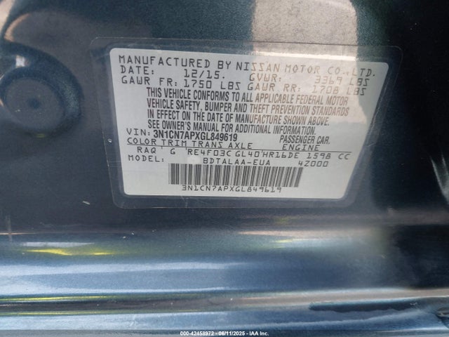 3N1CN7APXGL849619 Nissan Versa