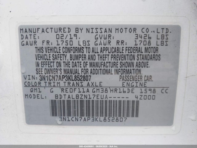 3N1CN7AP3KL852807 Nissan 2019