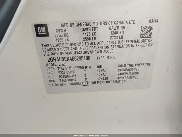 Chevrolet EQUINOX 1LT 2014 2GNALBEK4E6295188 Image 9
