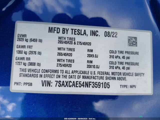 2022 TESLA MODEL X 7SAXCAE54NF359105 Photo 8