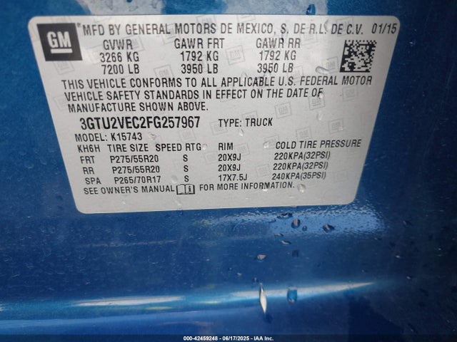 3GTU2VEC2FG257967 GMC l83 - vvt, active fuel management, aluminum