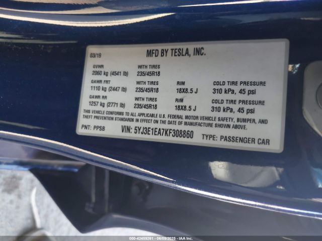 2019 TESLA MODEL 3 5YJ3E1EA7KF308860 Photo 8