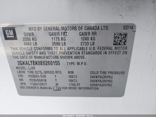 2GKALTEK8E6260155 GMC lea - flex fuel (gas/alc), aluminum, high output