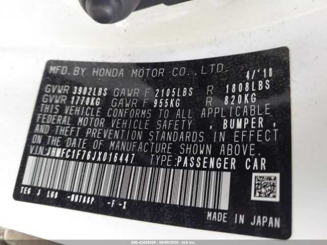 2018 HONDA CIVIC JHMFC1F76JX016447 Photo 8