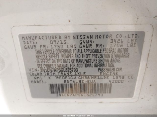 3N1CN7AP5GL825793 Nissan Versa 1.6 S/1.6 S+/1.6 Sl/1.6 Sv