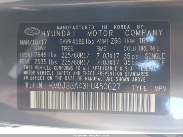 KM8J33A43HU450627 Hyundai gdi nu