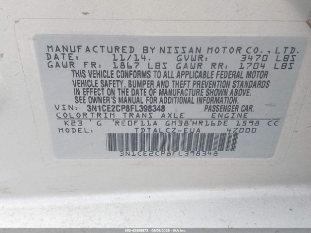 3N1CE2CP8FL398348 Nissan Versa Note S Plus
