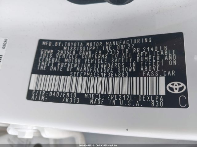 2022 TOYOTA COROLLA 5YFEPMAE5NP364883 Photo 8
