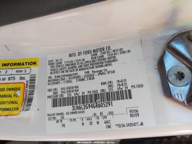 3LN6L2G94GR605291 Lincoln MKZ