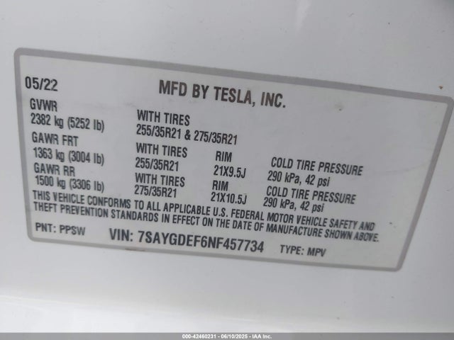 7SAYGDEF6NF457734 Tesla 2022