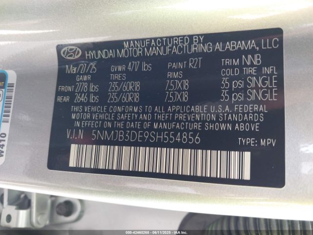 5NMJB3DE9SH554856 Hyundai TUCSON SEL