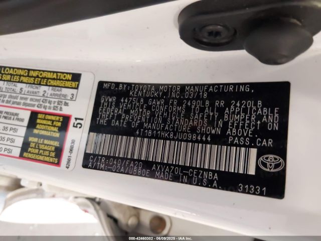 2018 TOYOTA CAMRY 4T1B11HK8JU098444 Photo 8