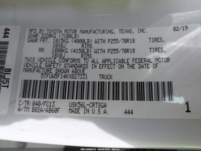 5TFUW5F14KX827331 Toyota Tundra Sr5 5.7l V8