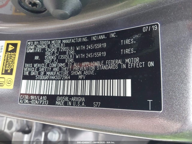 Toyota 2gr-fxs, 4jm+2fm 2019 5TDDGRFH4KS072964 Image 9