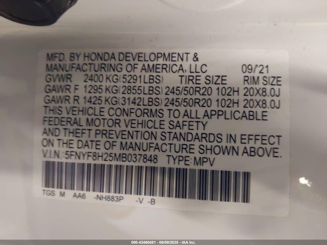 Honda j35y6 2021 5FNYF8H25MB037848 Image 9