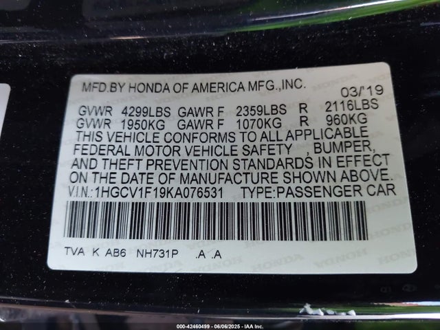 1HGCV1F19KA076531 Honda l15be