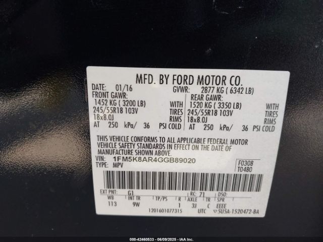 1FM5K8AR4GGB89020 Ford 2016