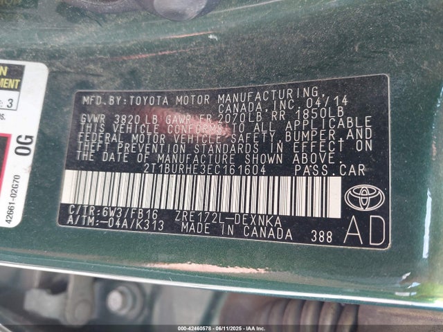 2T1BURHE3EC161604 Toyota 2zr-fe