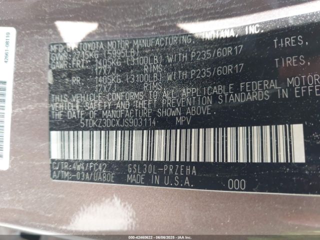 5TDKZ3DCXJS903114 Toyota Sienna Le 8 Passenger