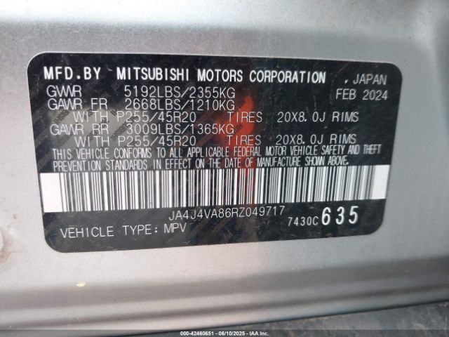 JA4J4VA86RZ049717 Mitsubishi Outlander Se 2.5 S-awc/se Black Edition S-awc/se Black Edition W/pano Roof S-awc/se Ralliart S-awc