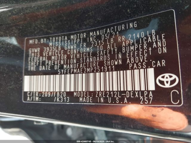 2021 TOYOTA COROLLA 5YFEPMAE2MP251911 Photo 8