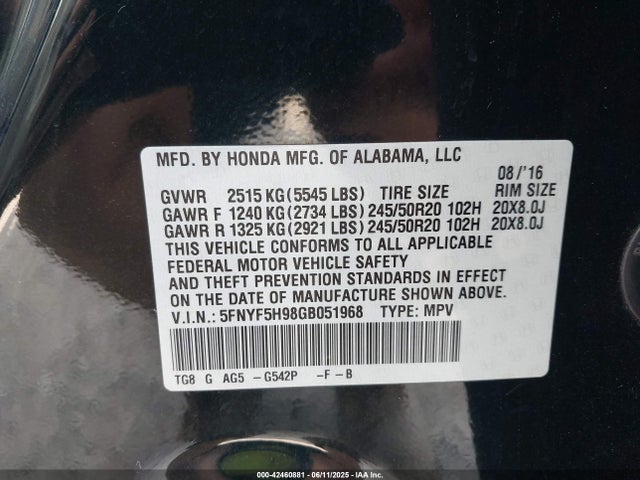 5FNYF5H98GB051968 Honda j35y6